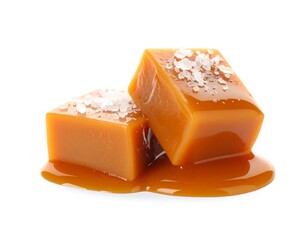Close-up of two caramel squares with sea salt