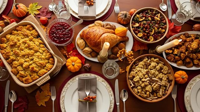 Overhead view of a Thanksgiving table setting with traditional dishes and decorations
