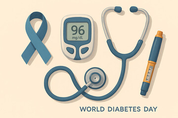 World diabetes day medical illustration with stethoscope blue ribbon glucometer reading and insulin injection pen symbolizing prevention awareness