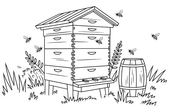 black and white beehive with bees clip art preview