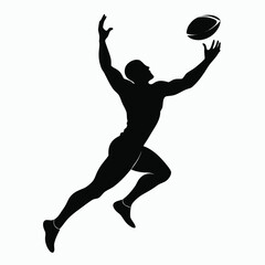 Rugby player catching the ball isolated on white background in silhouette style design