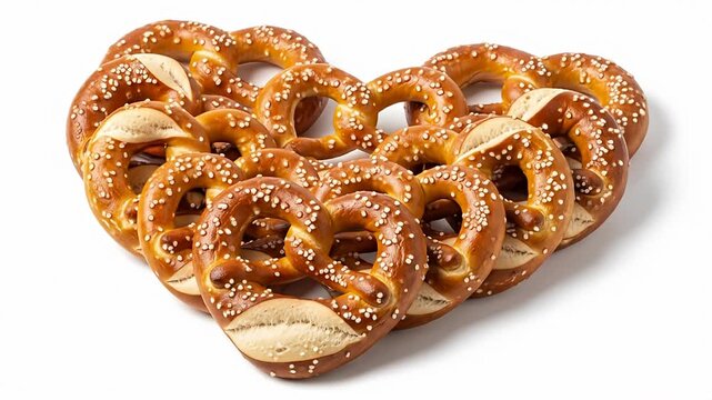 Heart-shaped pile of salt-sprinkled pretzels on white, with warm, brown, golden color