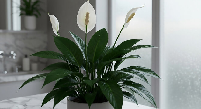 Beautiful peace lily plant, known as a great air-purifying indoor plant, displayed in a modern bathroom