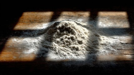 A mound of flour sits on a wooden countertop, softly lit by sunlight filtering through a window, highlighting the texture and contours of the flour against the dark wood