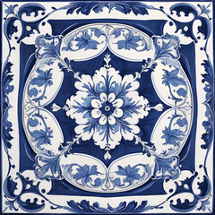 An ornate, square tile design azulejo tiles of blue and white. The intricate, symmetrical forms and detailed patterns are ideal for backgrounds, textiles, or decor interior.