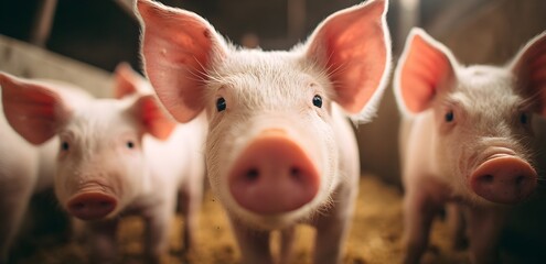 Curious piglets in a barn looking directly at the camera. Close-up shot with shallow depth of field, showing clean, healthy pigs in a farm environment with natural light
