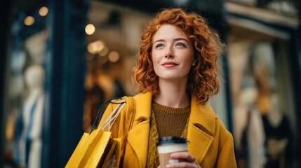 A cheerful woman walks through the city on a bright day, carrying shopping bags and a cup of coffee. Her vibrant yellow coat complements her curly red hair as she admires the surroundings