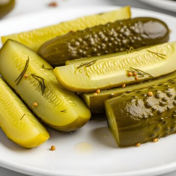 Crunchy Pickle Spears Macro Photography on White Plate with Blurred Background