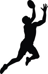 Silhouette of a rugby player jumping to catch the ball isolated on white background