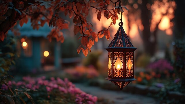 Mystical hanging lantern illuminates enchanting garden scene with warm glow and intricate design