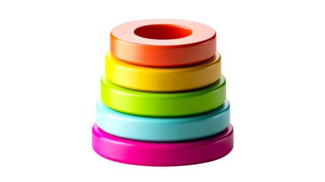 Stack of colorful wooden stacking rings on a white background