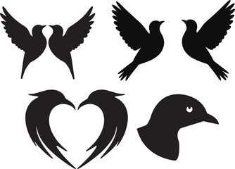 Set of bird silhouettes vector with flying love and heart shaped designs.