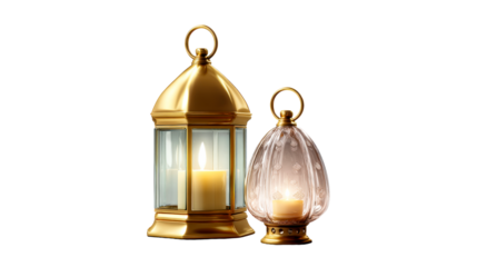 Two illuminated lanterns, one gold with glass panels and a candle, another decorative glass with a candle
