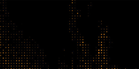 Gold halftone on black background. Vector golden glitter with dotted sparkles or halftone shine pattern texture Pop Art