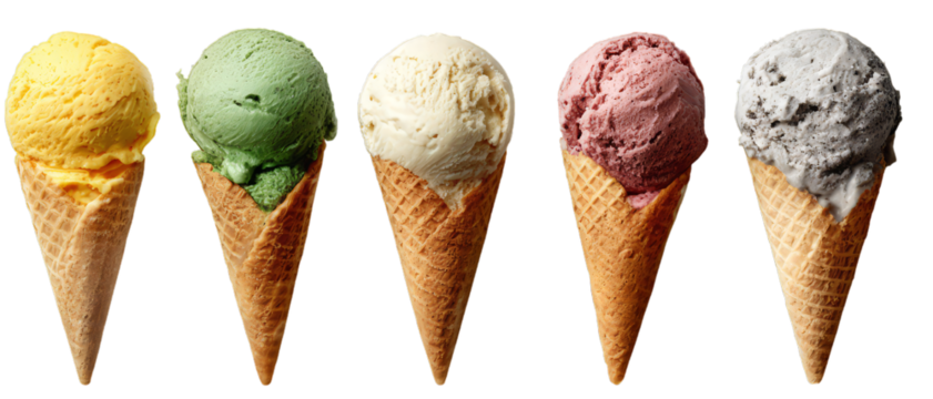 A vibrant and delicious collection of five distinct ice cream scoops in crispy waffle cones, presented on a transparent background.