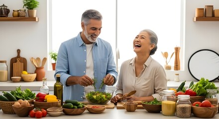 Happy senior couple preparing a salad together in a bright kitchen.