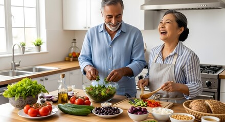 Happy senior couple joyfully prepares a fresh salad together in their bright kitchen.