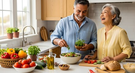 An elderly couple preparing a healthy meal together, smiling and enjoying their time in the kitchen.