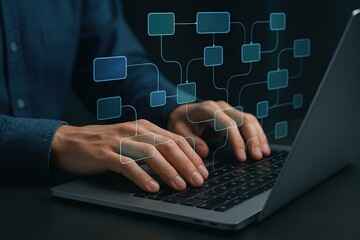 Person typing on laptop with digital flowchart overlay