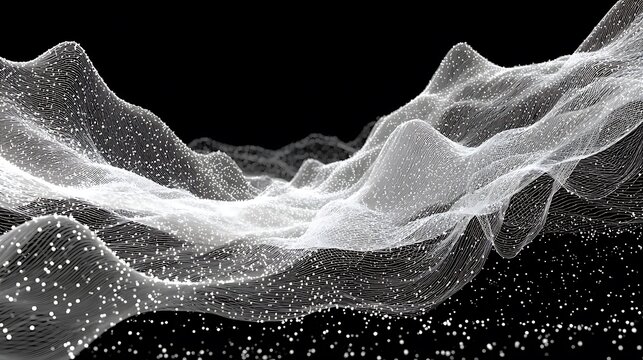 Abstract digital landscape with wireframe mountains and ethereal fog effects on black