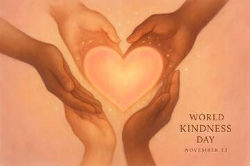 World kindness day illustration with diverse hands coming together to hold glowing heart symbolizing compassion unity peace and humanity