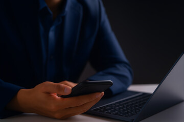 A man in a suit is using a smartphone while working on a laptop, possibly for business or communication.