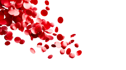 Scattered red circular elements floating and falling against a neutral background