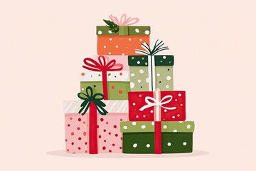 Pile of colorful wrapped Christmas gifts with ribbons and bows