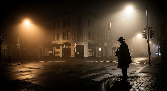 noir detective silhouetted on foggy city street at night