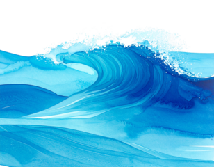 Vibrant blue ocean wave illustration with white background, capturing the fluid movem