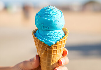 Close-up shot of a hand holding a double scoop of vibrant blue ice cream in a waffle cone.