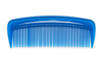 A bright blue plastic hair comb isolated on white background.