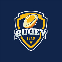 Rugby team logo with a shield, ball, and star on a blue background, perfect for sports branding
