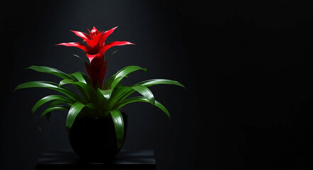Dramatic Guzmania Scarlet Star Bromeliad A Vibrant Red and Green Air-Purifying Indoor Plant with Chiaroscuro Lighting