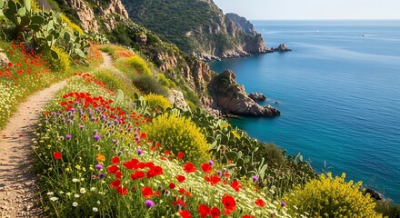 Scenic coastal path with red poppies and wildflowers overlooking the blue Mediterranean Sea.