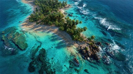 Fototapeta premium Tropical Island Paradise Aerial View Secluded Beach, Ocean Waves