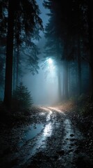 Fototapeta premium A misty forest path illuminated by a mysterious light beam at night