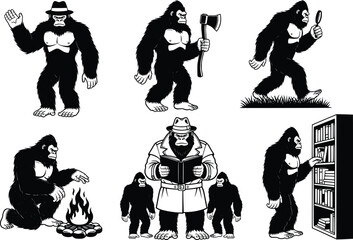 Diverse gorilla silhouettes engaging in various activities for design projects
