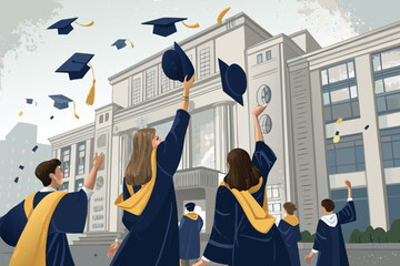 Graduates triumphantly toss caps skyward.