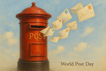 World post day vintage painting with classic red postbox and flying letters symbolizing communication, connection and global message