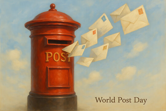 World post day vintage painting with classic red postbox and flying letters symbolizing communication, connection and global message