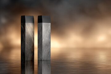 Minimalist twin metal monuments standing on a reflective water surface with misty atmosphere
