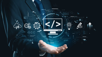 Modern web development concept featuring coding symbols, web development process, web development interface, and web development tools with futuristic design. Elide