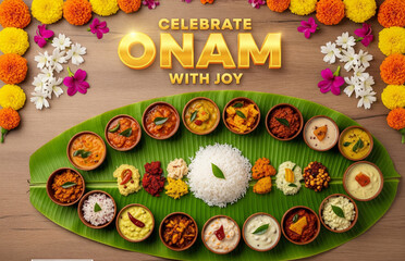 Vibrant Onam poster with Onam Sadya meal displayed on a large banana leaf, top view, traditional Kerala food items, floral border, golden text ‘Celebrate Onam with Joy’