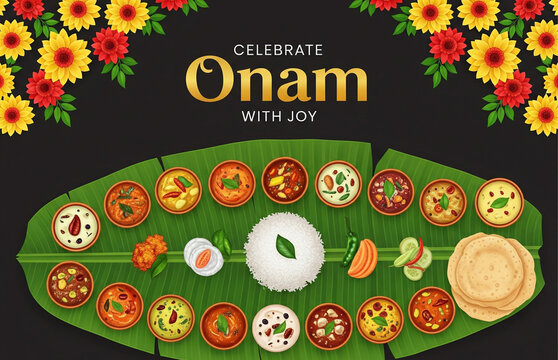 Naklejki Vibrant Onam poster with Onam Sadya meal displayed on a large banana leaf, top view, traditional Kerala food items, floral border, golden text ‘Celebrate Onam with Joy’