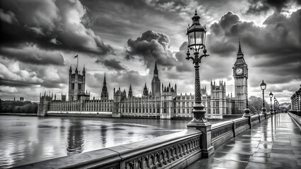 Dramatic black and white view of the houses of parliament and big ben