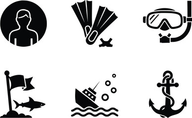 Maritime and water sports icons set featuring diving snorkel mask shipwreck anchor flag and human silhouette