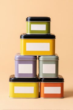 Colorful metal containers forming a pyramid on a beige background
