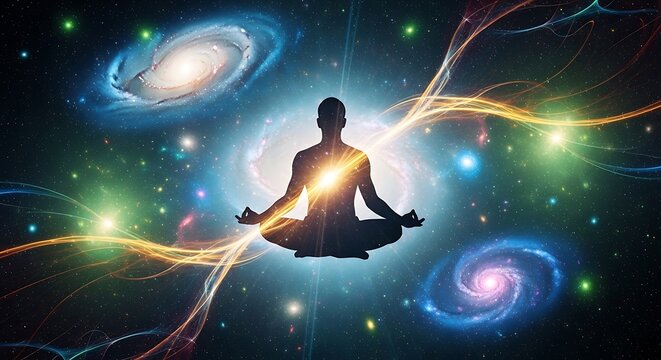 Meditative figure in cosmic expanse