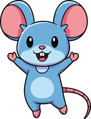 Cartoon Vector Illustration of Happy Blue Mouse with Pink Ears, Long Tail, and Raised Arms in Excited Pose on White Background